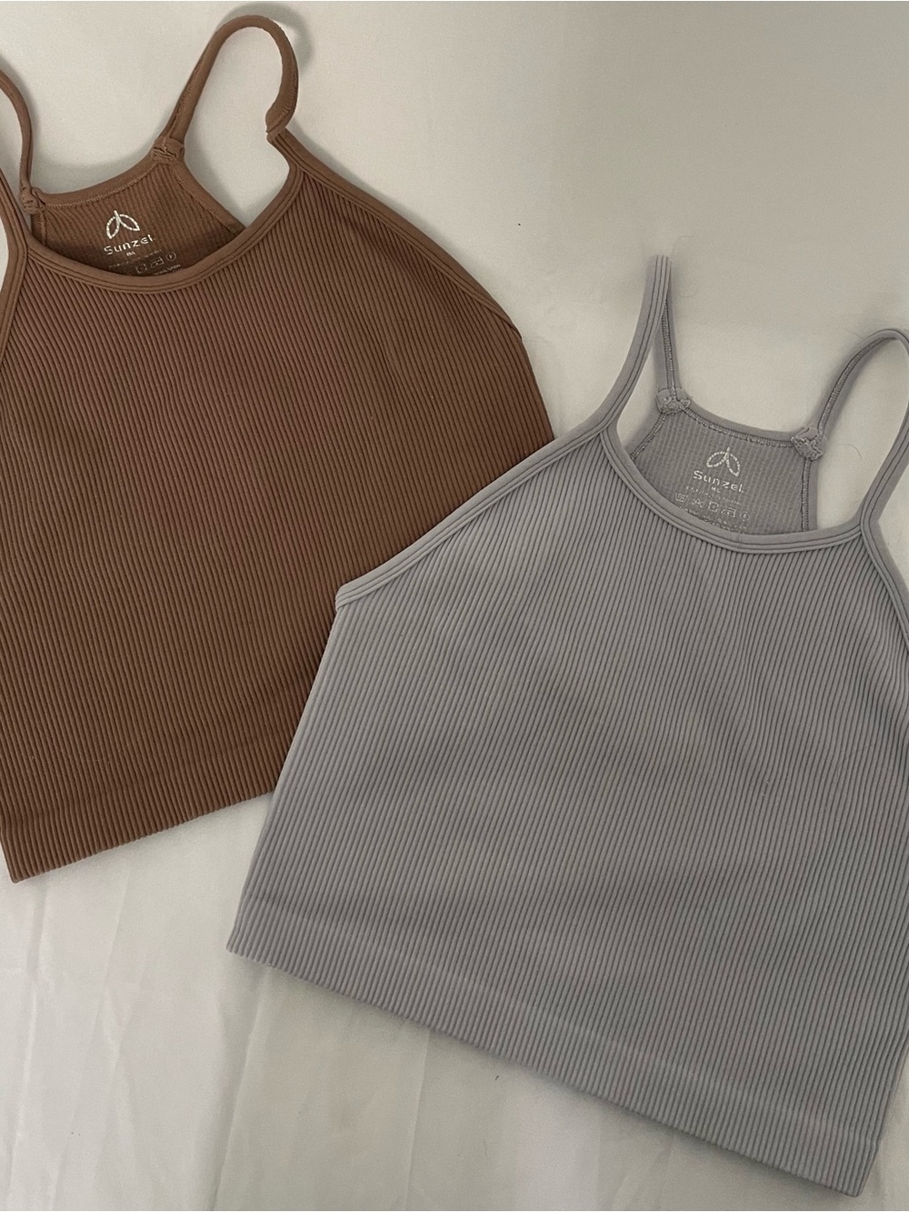 Sunzai Ribbed Slim-Strap Camisole - Brown & Light Gray